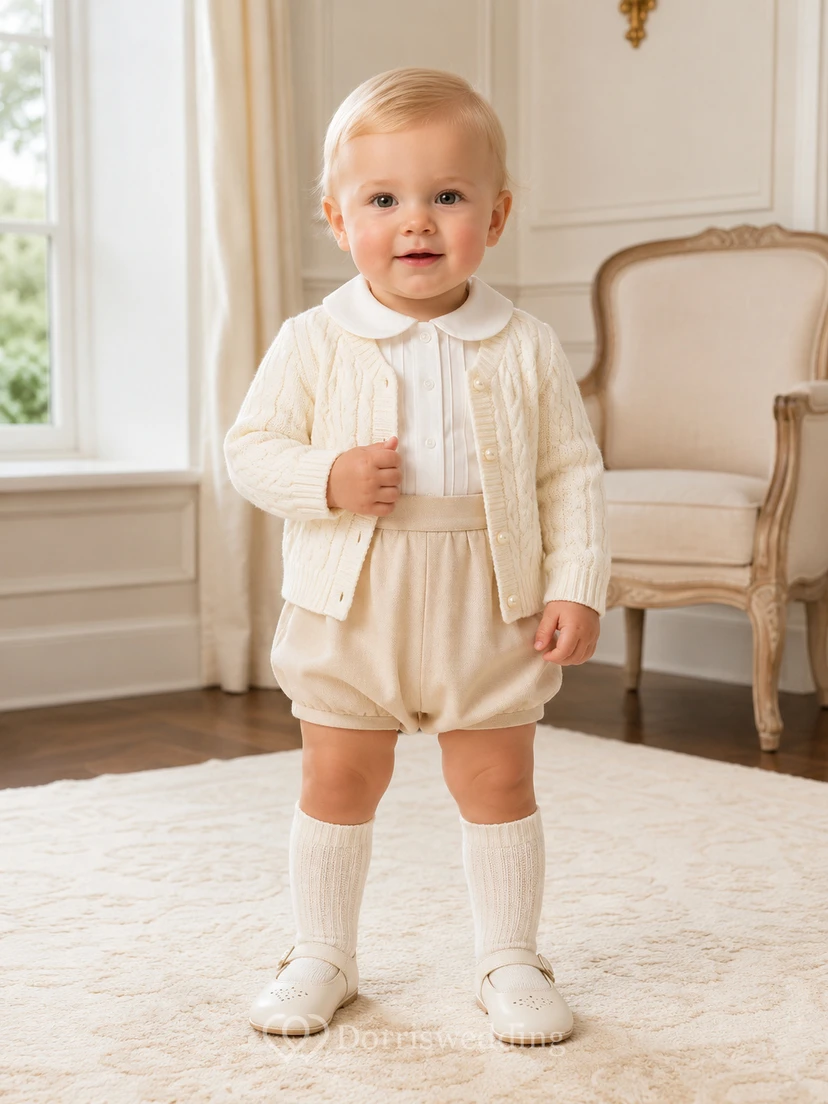 Kuscheliges cremefarbenes Langarm-Strick-Cardigan-Set mit Zopfmuster und passendem Taufhöschen