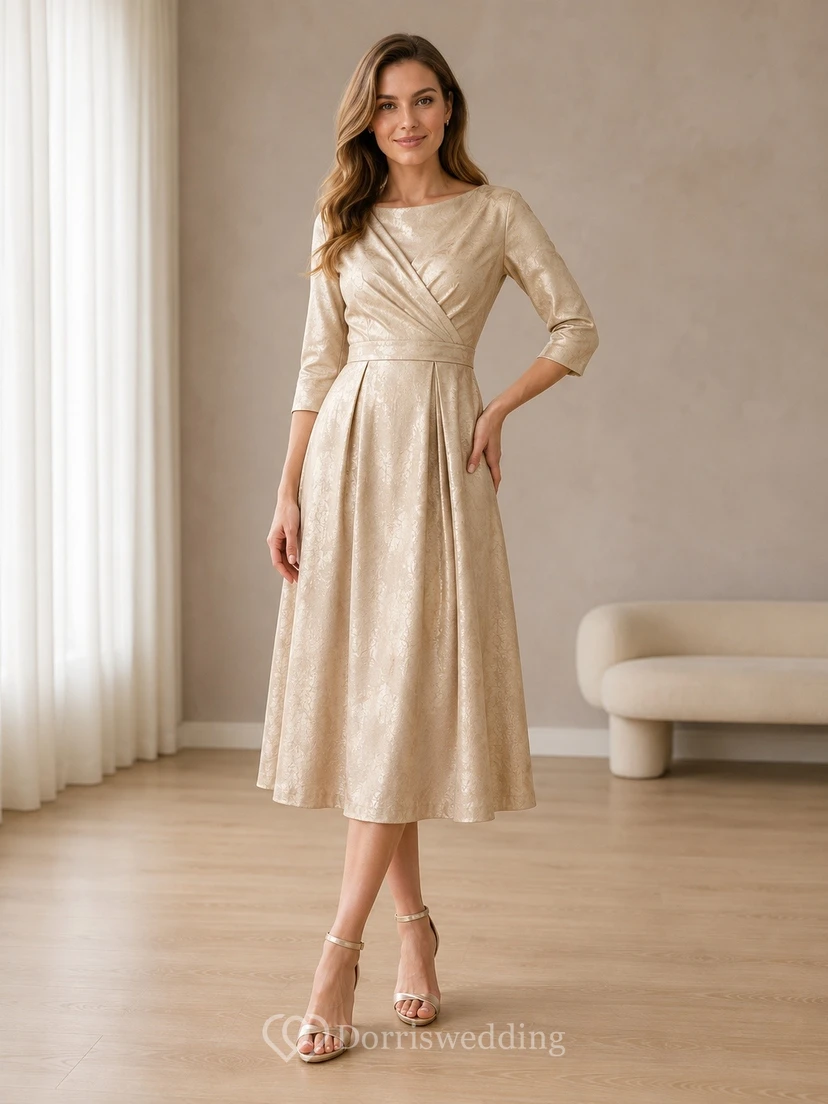 Robe classique de cérémonie en satin taupe, manches trois-quarts, coupe trapèze, longueur thé