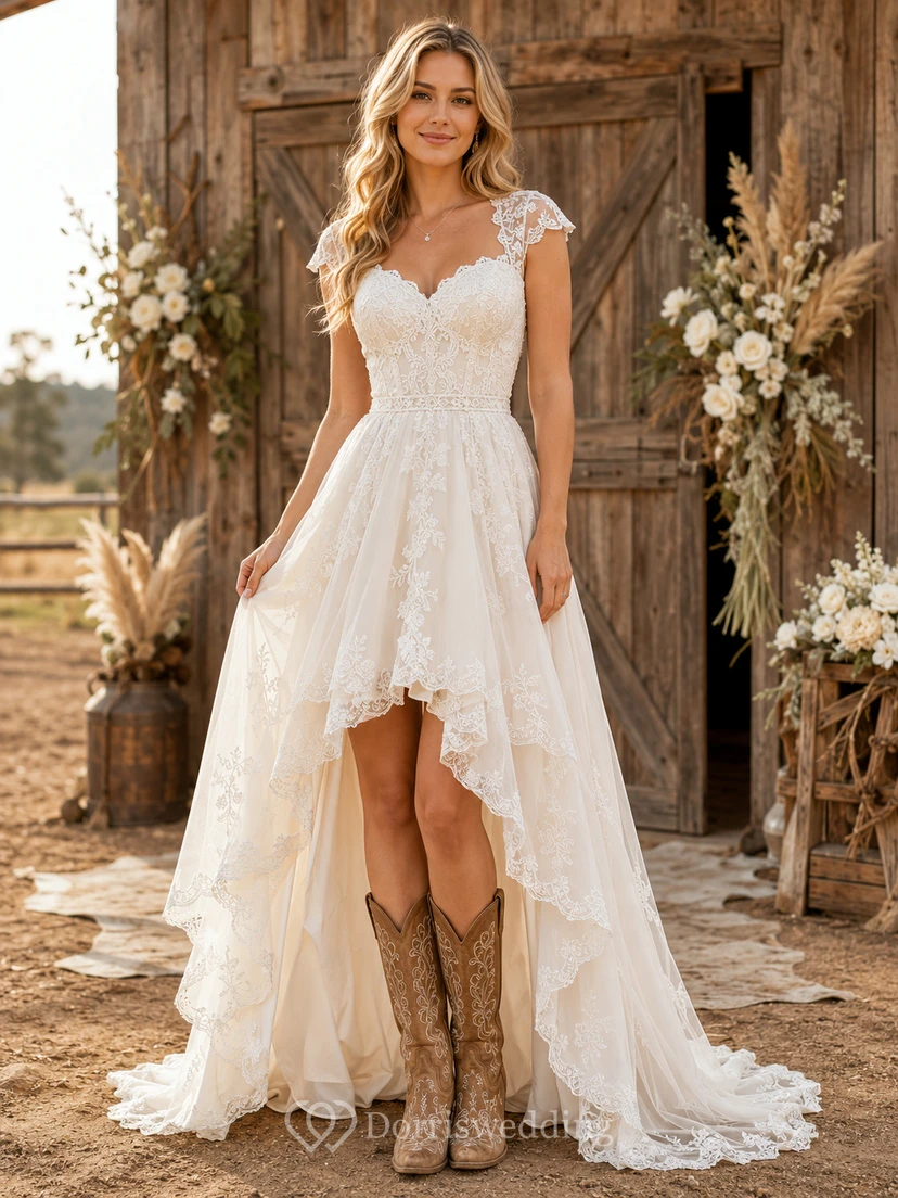 Western-Spitzen-High-Low-Scheunenstiefel-Cowboy-Hochzeitskleid