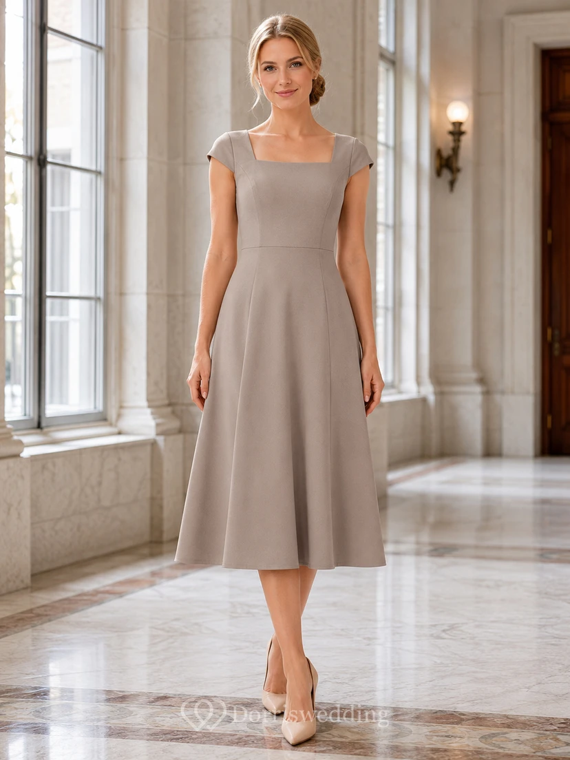 Taupe Sleeveless Bateau A Line Town Hall Midi Dress