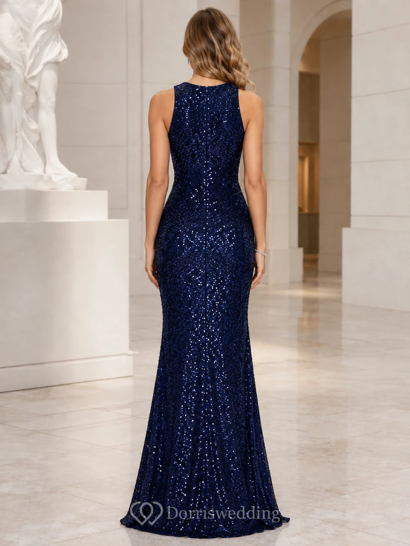 Dunkelblaues Pailletten-Meerjungfrauenkleid mit hohem Kragen view 2