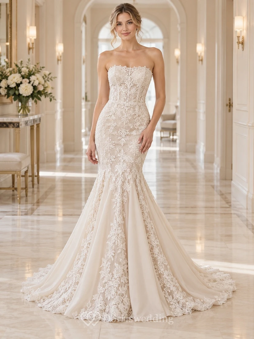 Meerjungfrauen-Brautkleid, trägerlos, mit Herzausschnitt, floraler Spitze, Satin-Einsatz und Schleppe