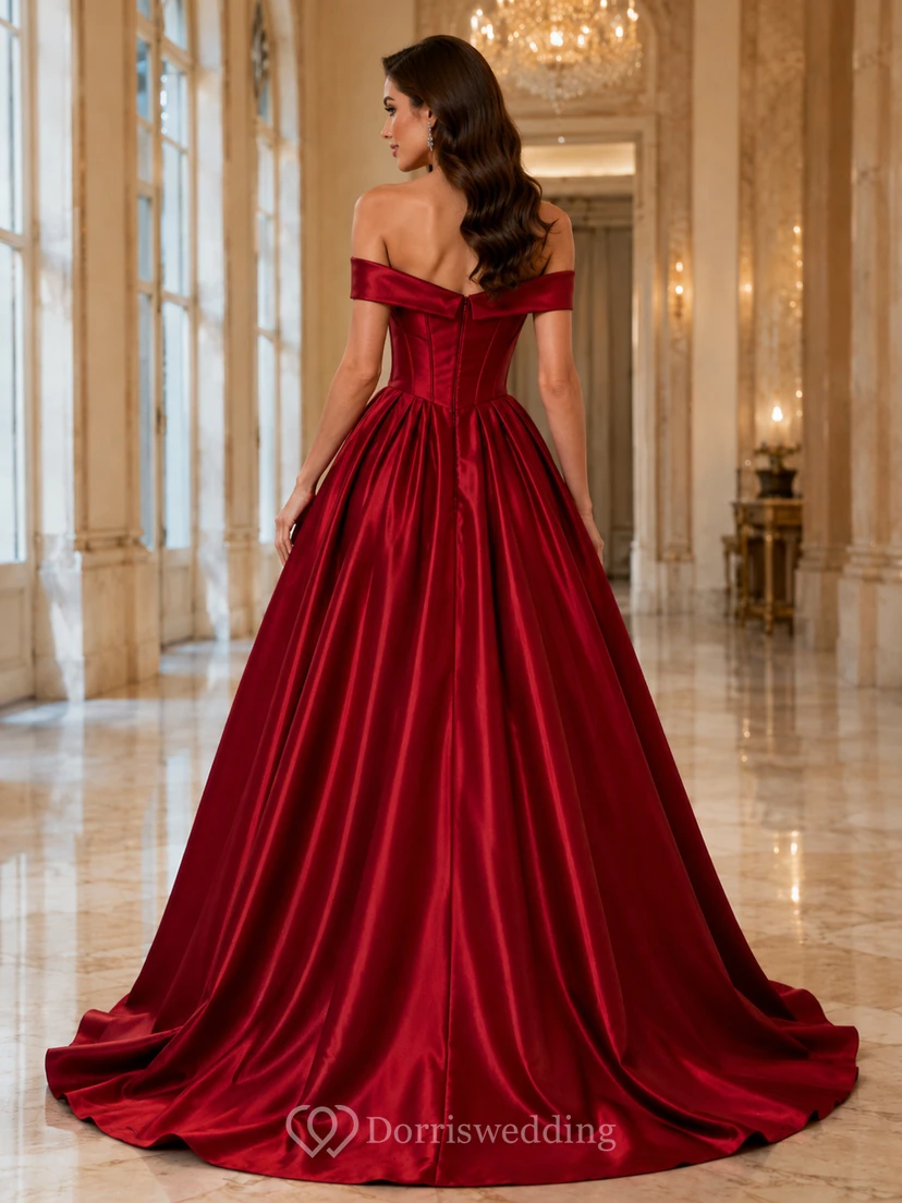 Vestido de noche de satén rojo con hombros descubiertos view 2