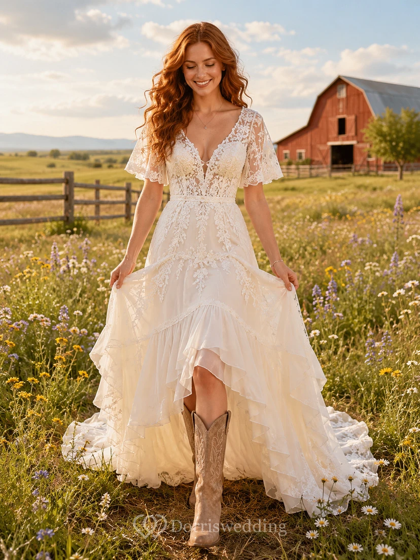Robe de mariée de maternité à col montant, manches courtes, en dentelle et tulle, style jardin, dos illusion