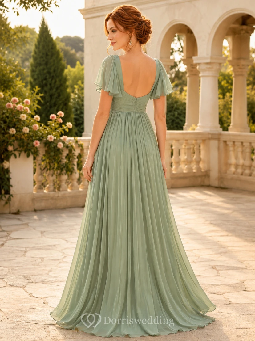 Salbeigrünes Chiffon-Empire-Kleid mit V-Ausschnitt, flatternden Ärmeln view 2