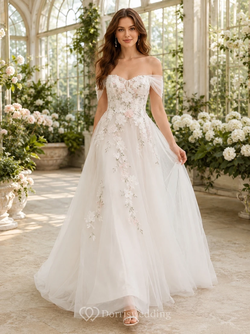 Romantic Off-Shoulder Floral Applique Tulle A-Line Floor-Length Garden Wedding Gown