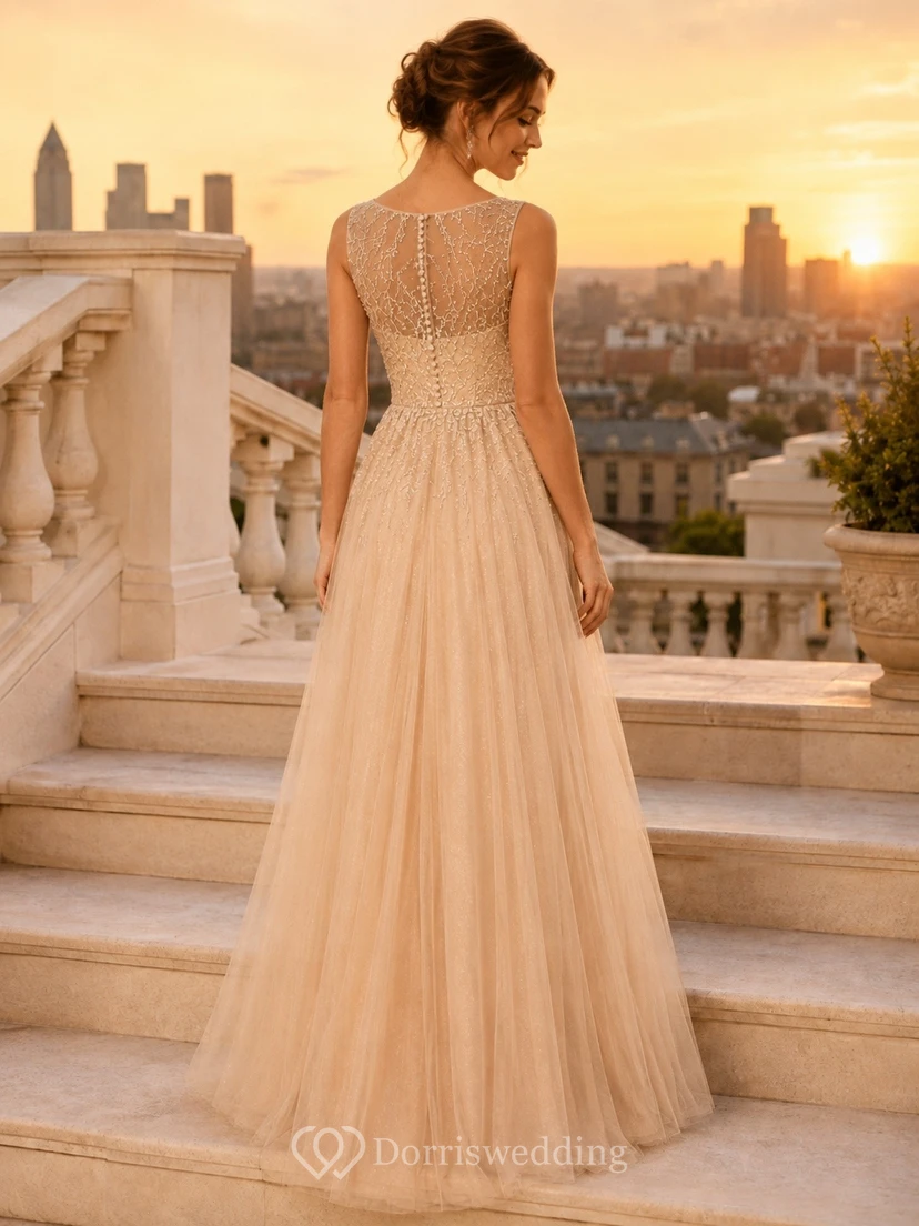 Champagne Lace V-Neck Short Sleeve Petite A-Line Gown view 2