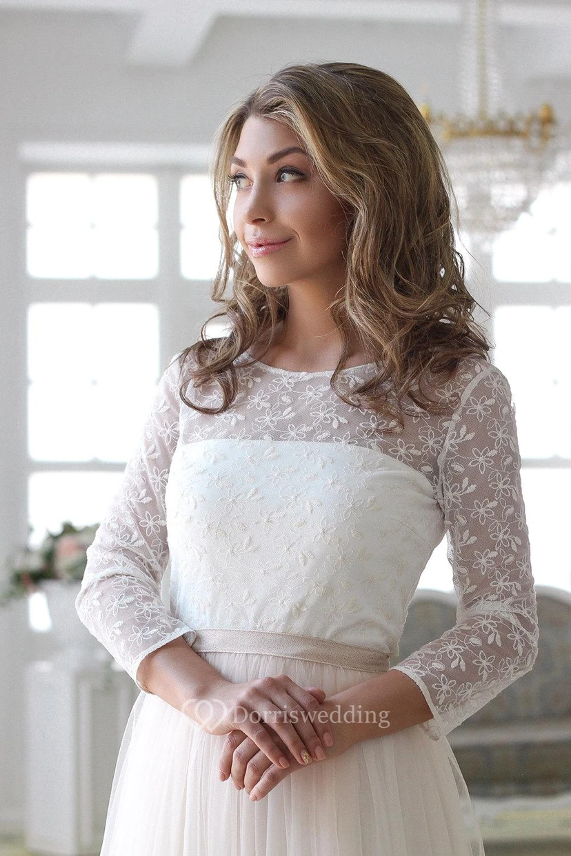 Scoop Neck Long Sleeve Tulle Wedding Dress With Lace Bodice view 3