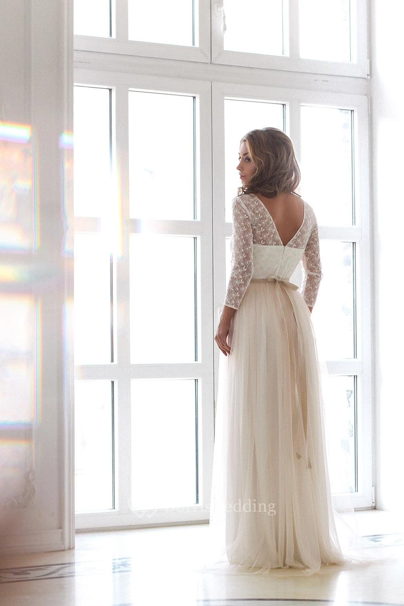 Scoop Neck Long Sleeve Tulle Wedding Dress With Lace Bodice view 2