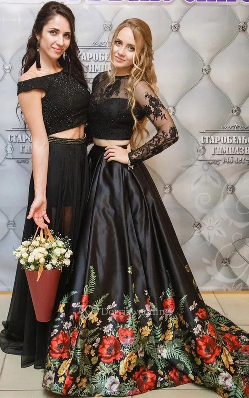 Schwarzes zweiteiliges A-Linien-Abendkleid mit Illusion-Ausschnitt, langen Ärmeln und Schlüssellochausschnitt sowie floraler Stickerei view 5