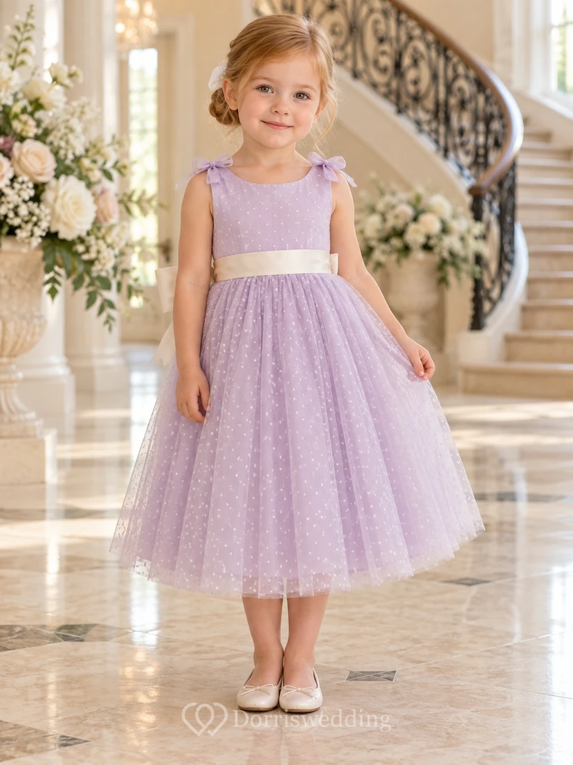 Robe de demoiselle d'honneur mi-longue lilas, coupe trapèze, sans manches, en tulle ivoire à pois et ceinture, avec ceinture.