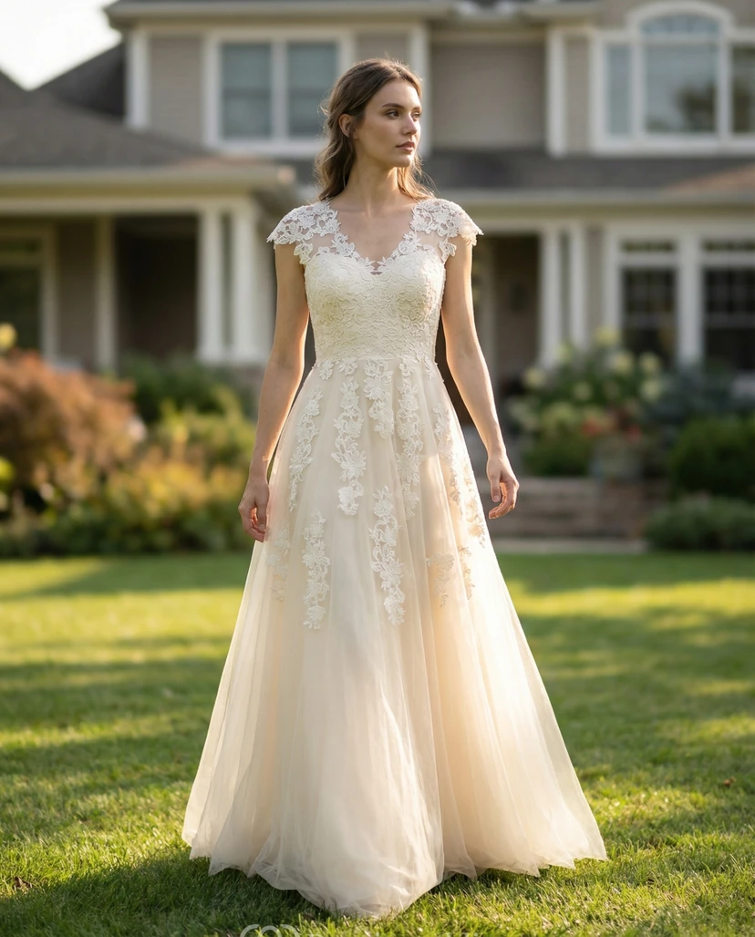 Robe de mariée trapèze à manches courtes et effet dentelle illusion et tulle superposé