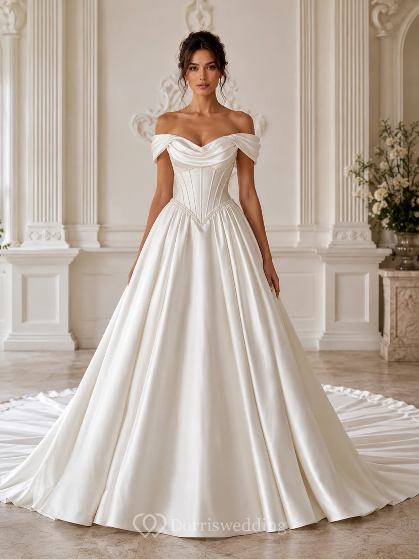 Vestido de gala de satén con hombros descubiertos para novias mayores con cola de capilla