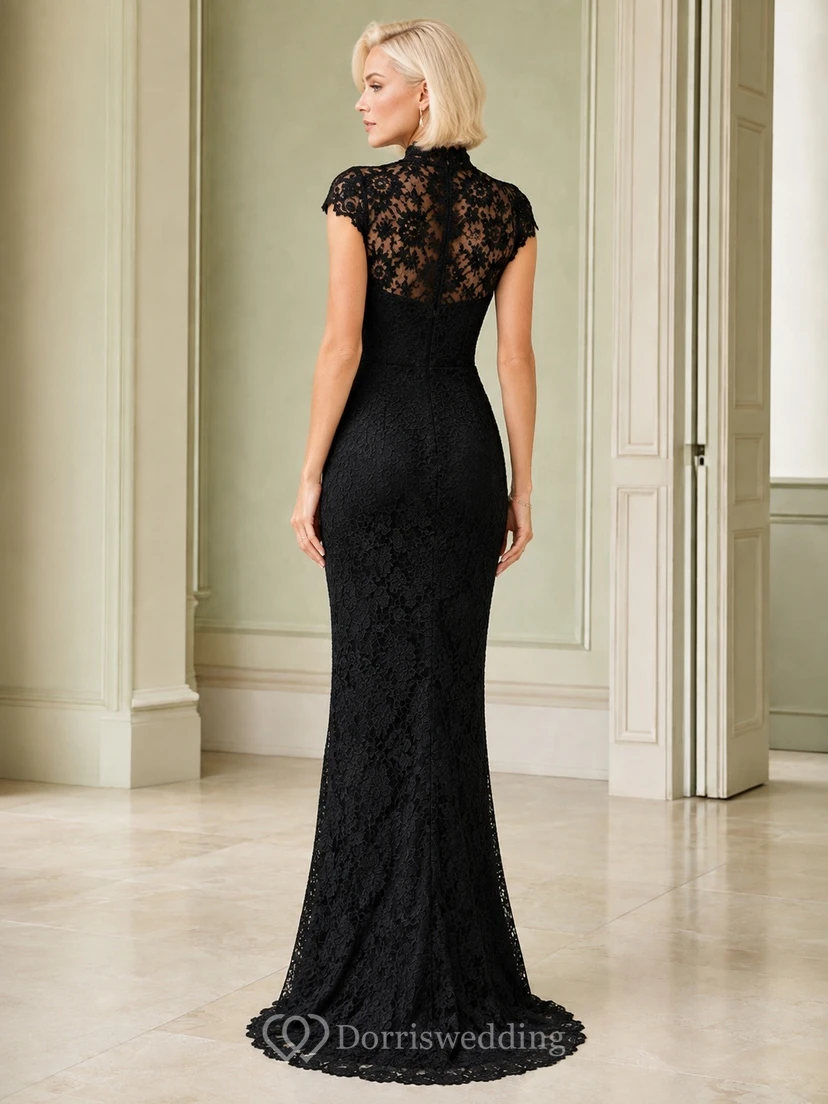 Black Lace Short Sleeve Mermaid Evening Gown Classic view 2