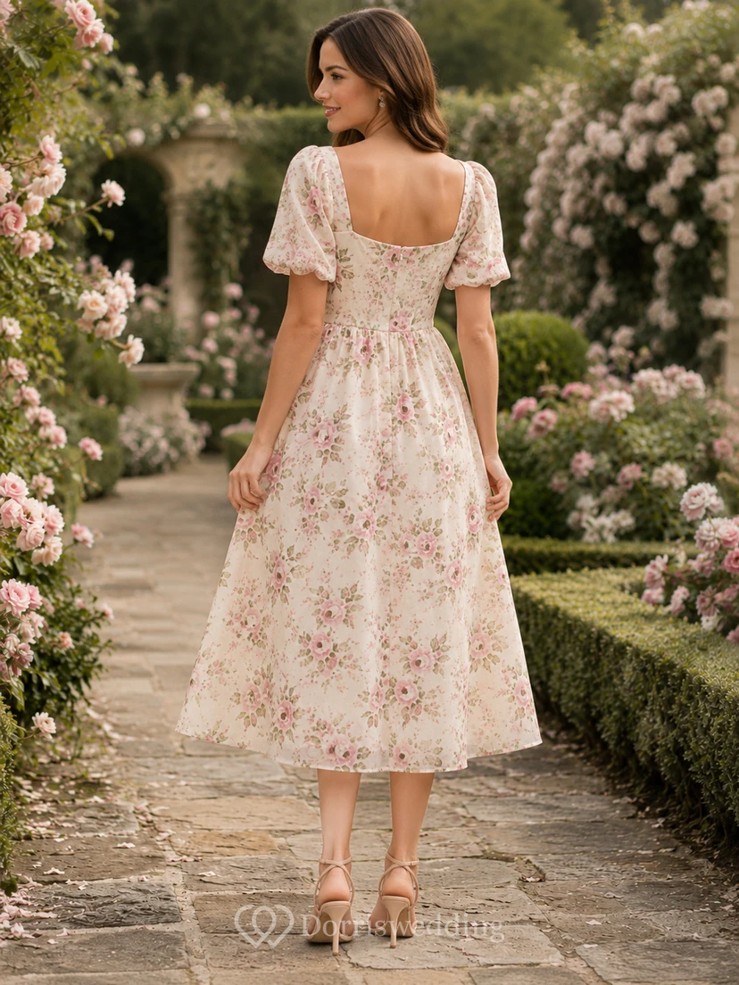 Rosafarbenes, geblümtes Midikleid mit Rundhalsausschnitt und kurzen Ärmeln view 2