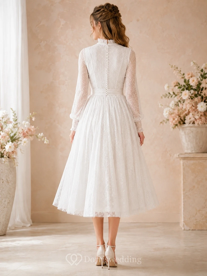 High-Neck Long Sleeve Lace Tulle Tiered A-Line Tea-Length Wedding Dress view 2