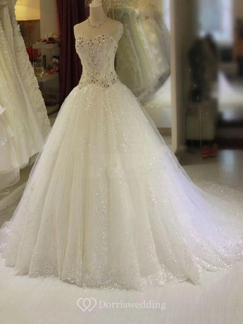 Glamorous Crystal Sweetheart Princess Wedding Dress Bling Tulle With Train