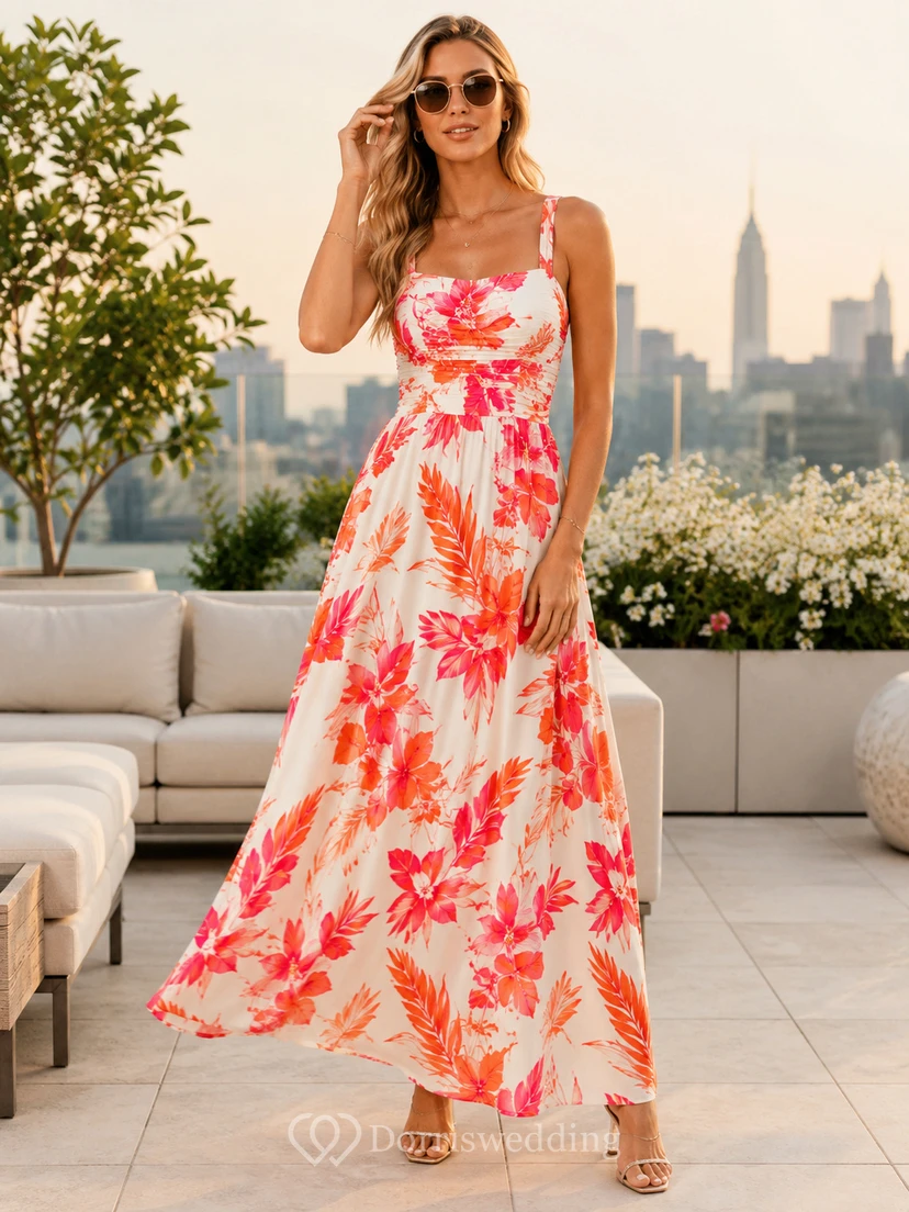 Coral Floral Spaghetti Strap Lifestyle Shoot Maxi Dress