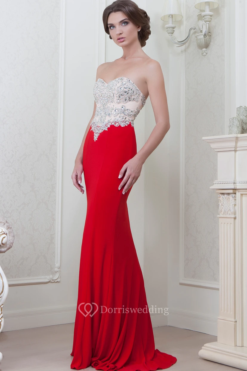 Sheath Long Sweetheart Crystal Sleeveless Jersey Evening Dress