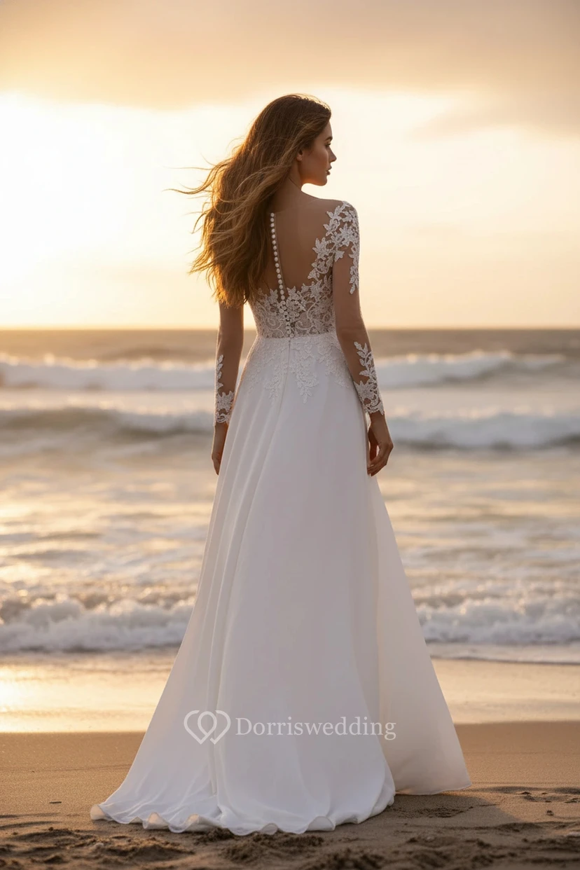 Vestido de novia clásico de manga larga estilo barco view 2