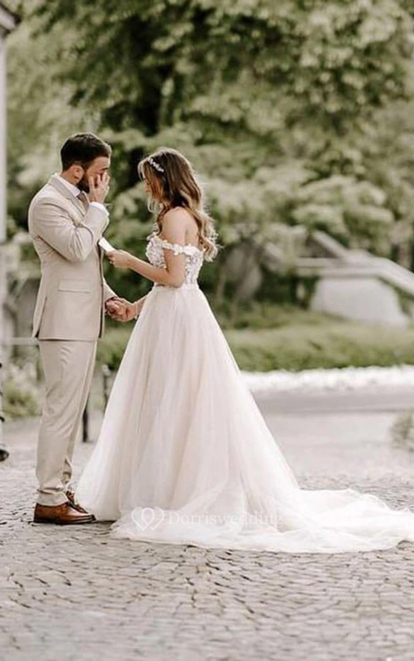 Off-the-shoulder Blush Tulle Flowy A-line Wedding Dress with Lace Top view 3