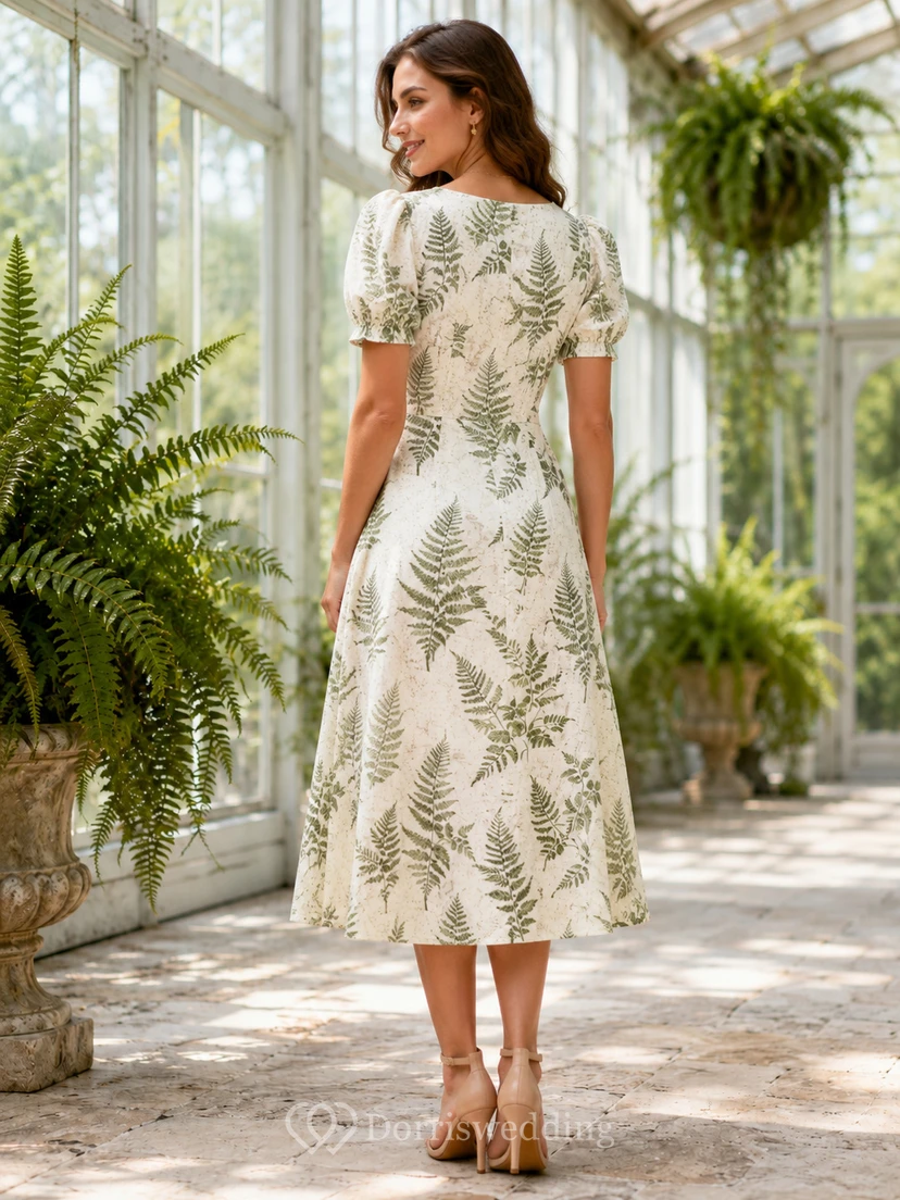 Fern Print Square Neck Short Sleeve Linen Midi Dress view 2
