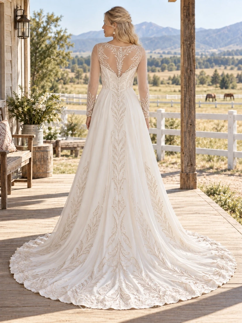 Vestido de novia de satén estilo sirena de manga larga, estilo bohemio campestre, con escote corazón y bordado de enredaderas. view 2