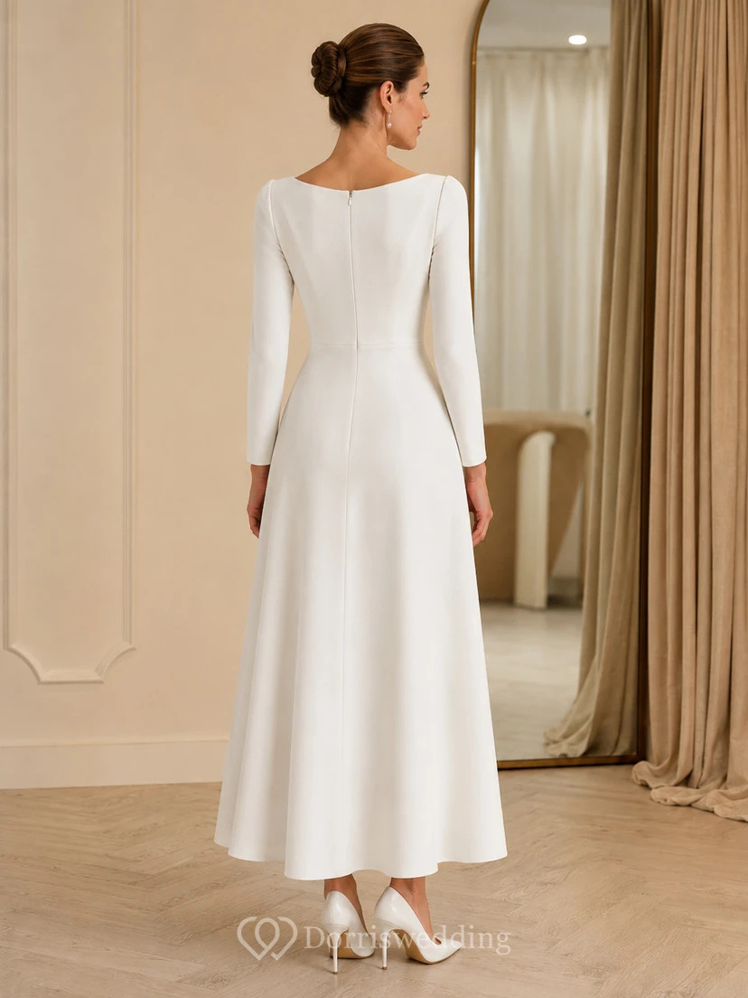 Simple Civil Satin A Line Bateau Long Sleeve Tea Length Wedding Dress view 2