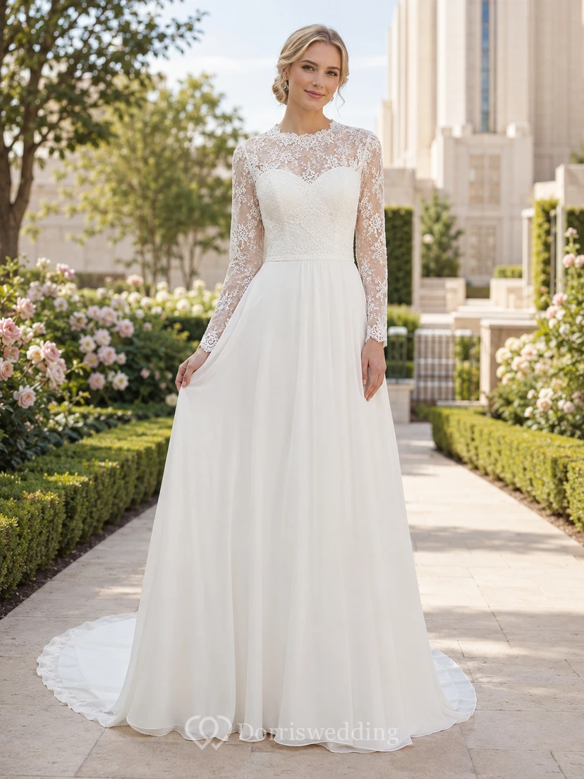 Schlichtes, langärmeliges Brautkleid mit Spitzenoberteil im Temple Garden-Stil