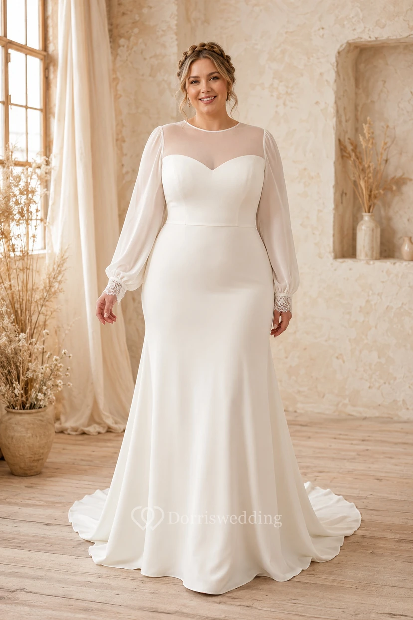 Robe de mariée fourreau illusion ivoire grande taille à manches longues et dos boutonné