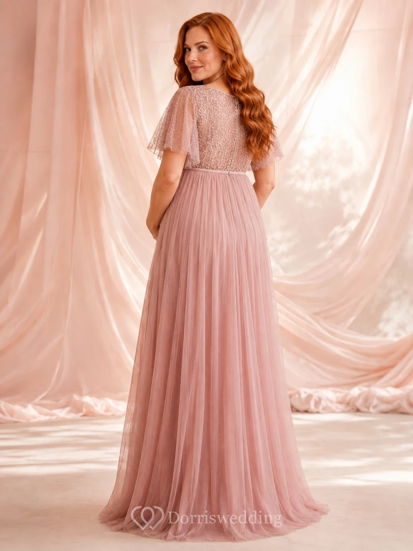 Robe de maternité longue en mousseline rose poudré à manches papillon et coupe empire view 2