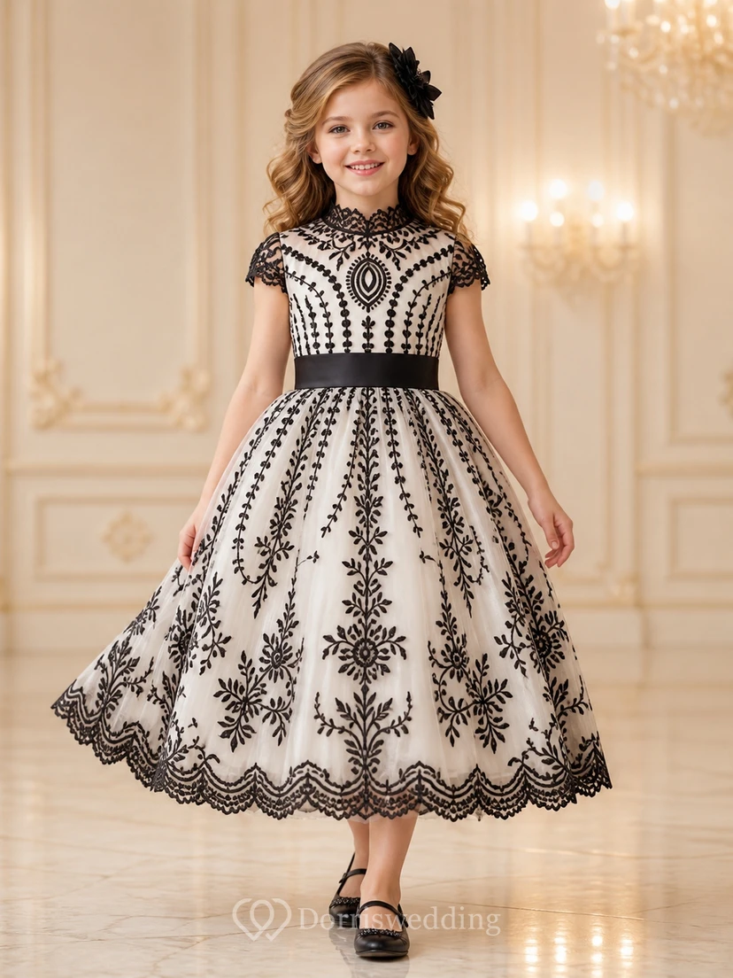 Black Tea-length Ball Gown High Neck Cap Sleeve Lace Flowergirl Dress