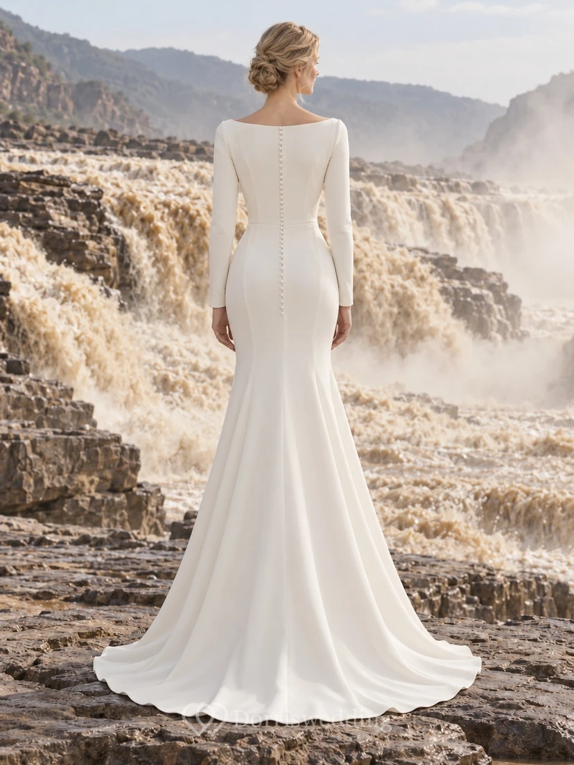 Vestido de novia sencillo y modesto de manga larga estilo barco con cola y escote sirena. view 2