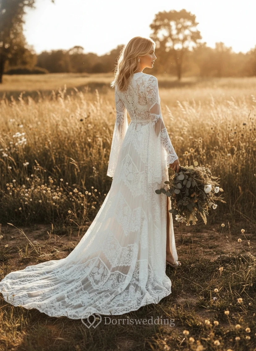 Weißes Boho-Maxi-Brautkleid aus Spitze mit langen Glockenärmeln und hohem Schlitz view 2