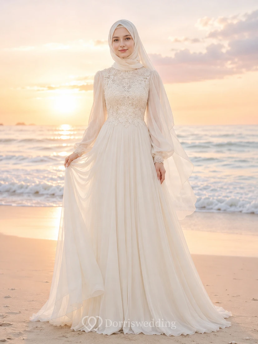 Beach Muslim Long Sleeve Lace Bodice Chiffon Wedding Dress