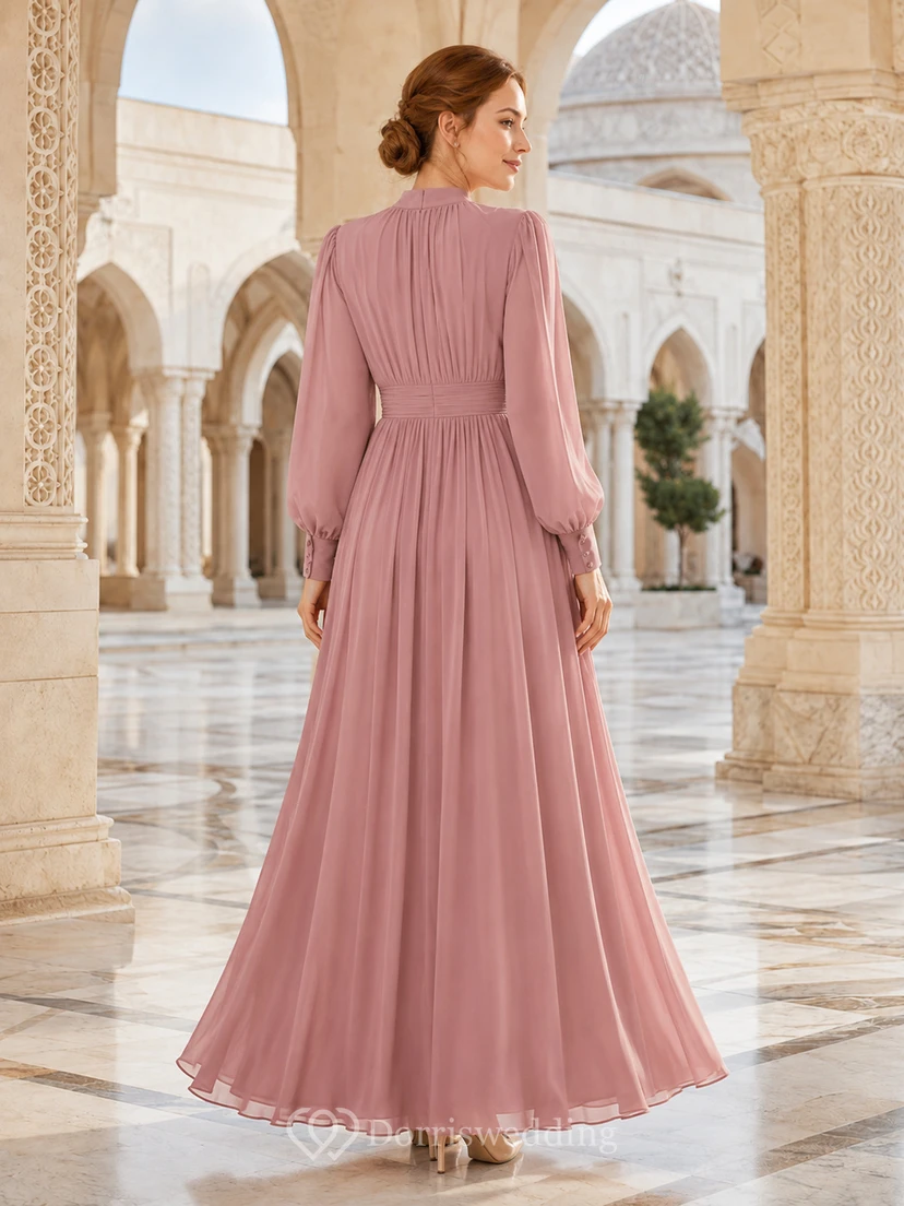 Blush High Neck Long Sleeve Pleated Modest Maxi Dress view 2