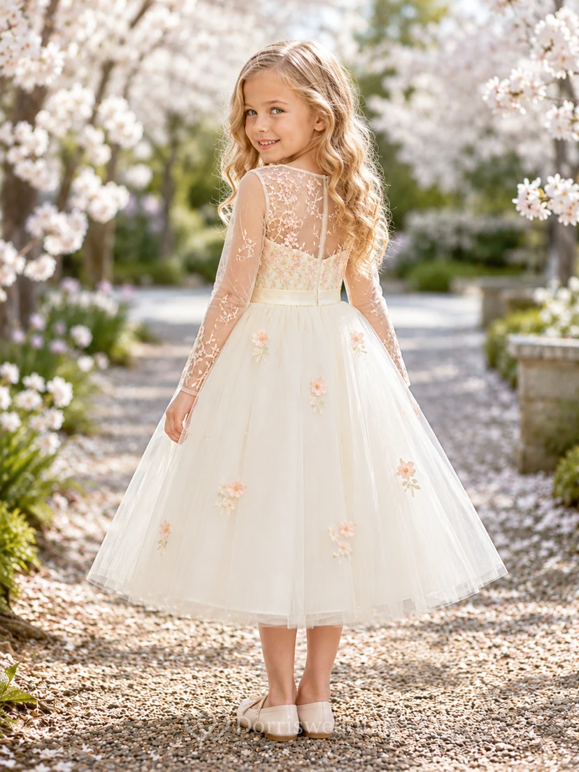 Romantisches, langärmeliges Tüllkleid mit floraler Spitze in Teelänge – perfekt für Blumenmädchen im Gartenstil view 2