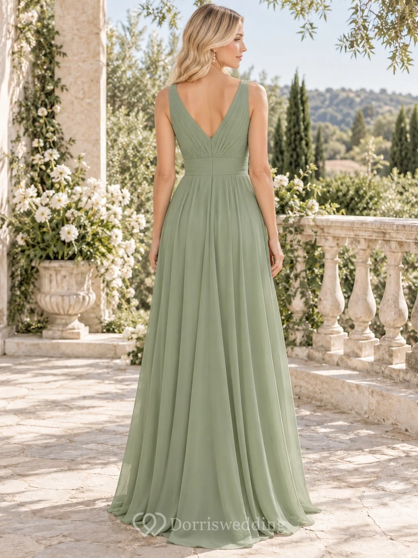 Vestido de dama de honor sencillo, largo hasta el suelo, sin mangas, con escote en V y fruncido, color verde salvia. view 2