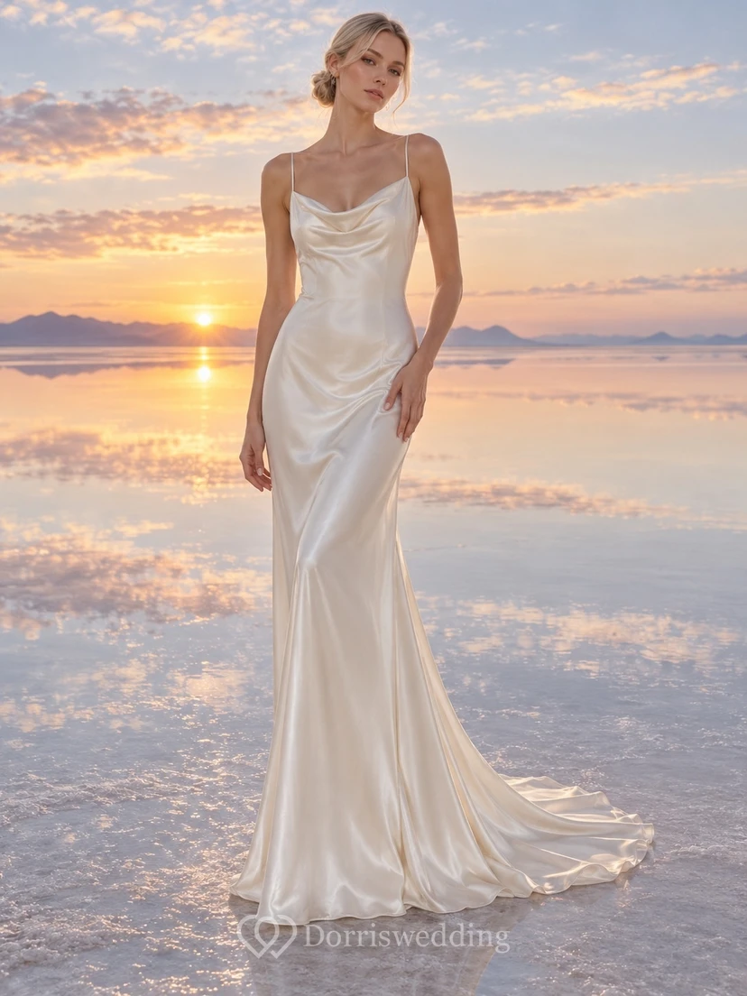 Vestido de novia sencillo de estilo vintage en charmeuse, con tirantes finos y cintura definida.