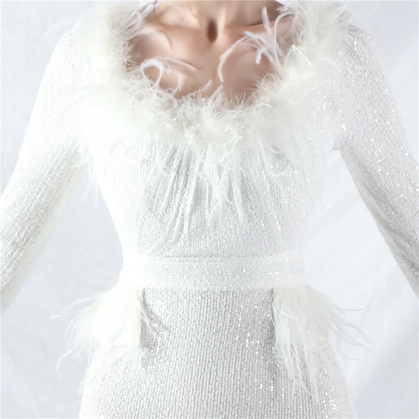 Craft-Made Ostrich Feather Long-Sleeved Beads Evening Dress view 8