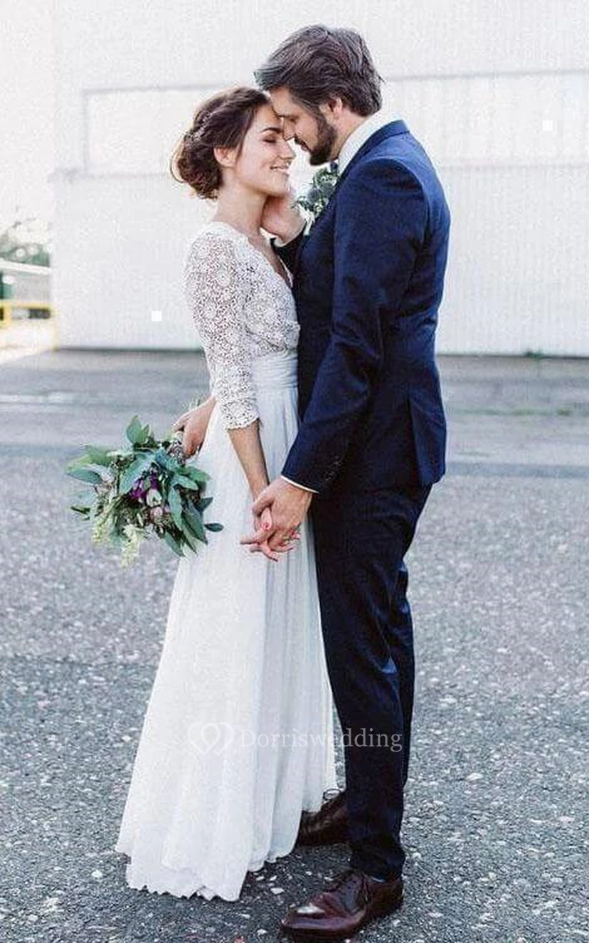 Vestido de novia sencillo de gasa con escote en V y manga larga hasta el suelo, estilo imperio. view 4