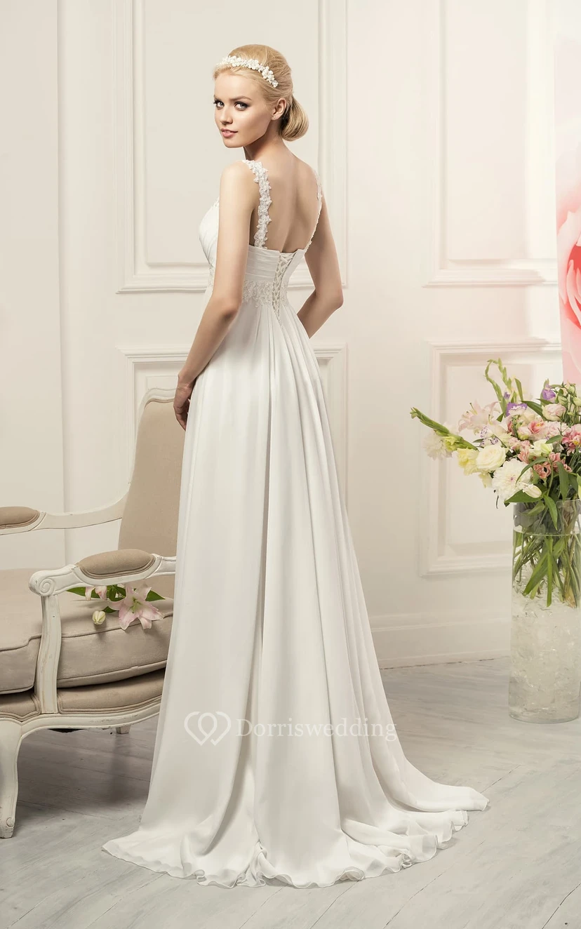Robe fourreau sans manches à bretelles longues, dos corset empire, en mousseline avec bijoux de taille et plis view 3