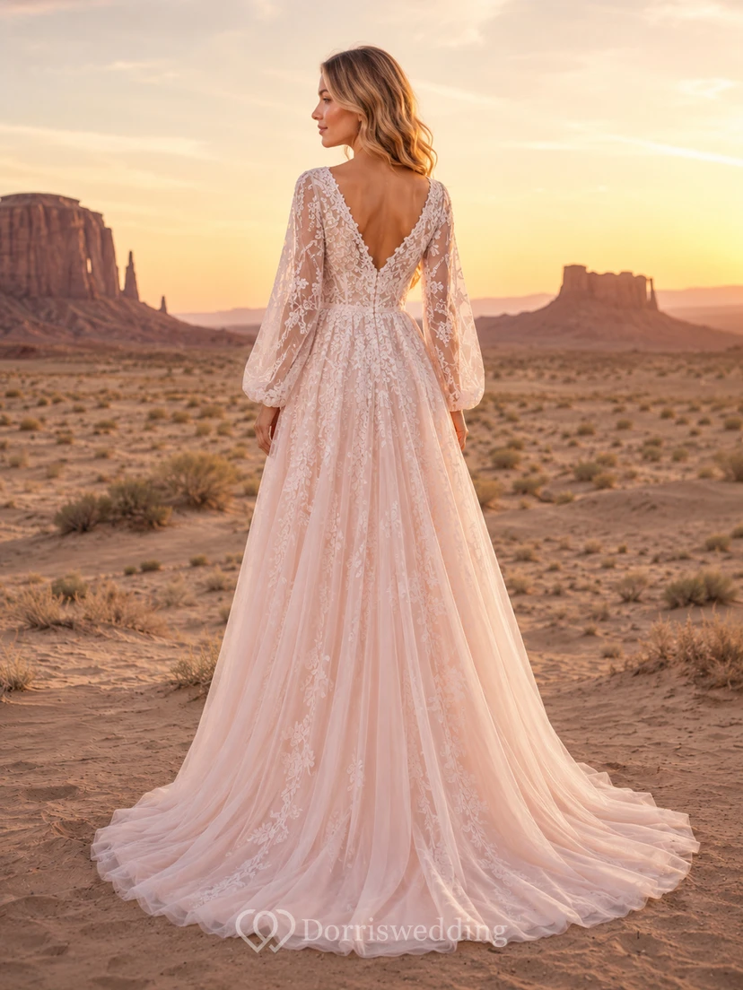 Blush Boho V-Neck Bishop Sleeve Lace Desert Bridal Gown view 2