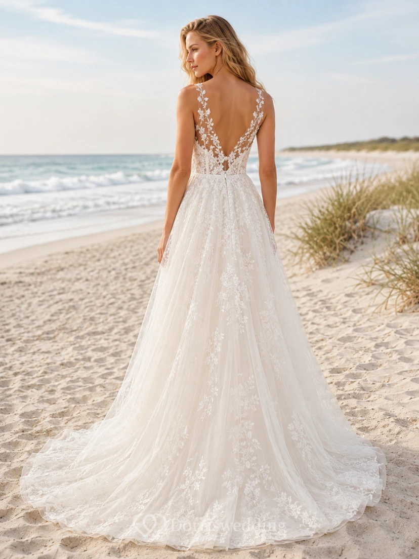 Leichtes Brautkleid im Küsten- und Strandstil mit V-Ausschnitt und Spitze in A-Linie view 2