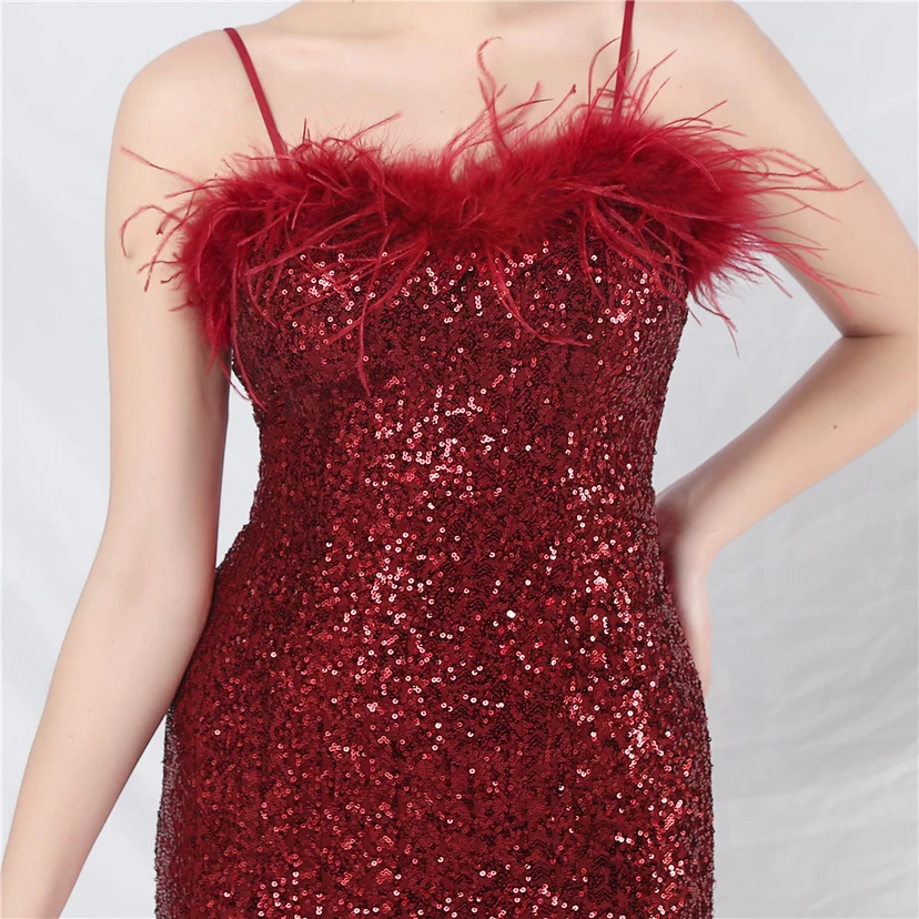 Craft Ostrich Feather Mesh Sequined Long Evening Dress view 26