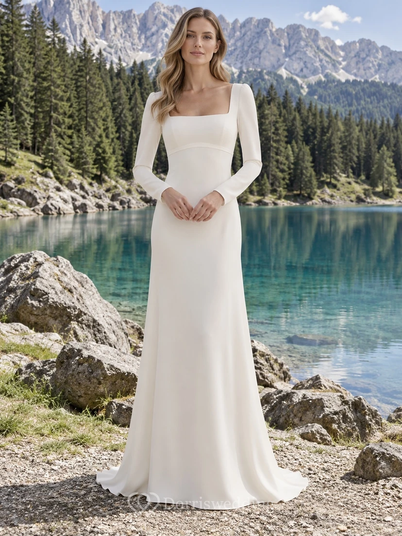 Vestido de novia sencillo de corte recto, cuello cuadrado, manga larga, crepé de China, cola larga