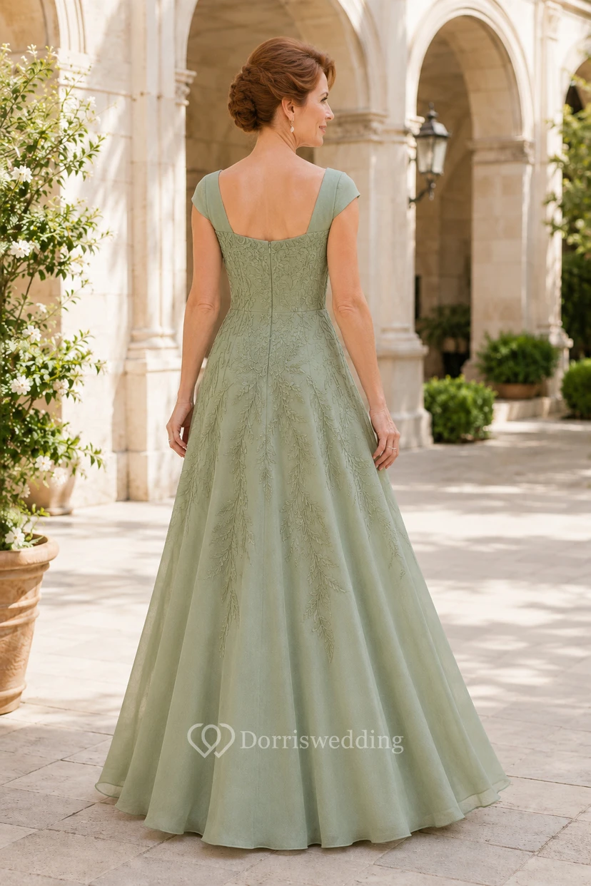 Salbeigrünes Tüll-Kleid in A-Linie mit kurzen Ärmeln view 2
