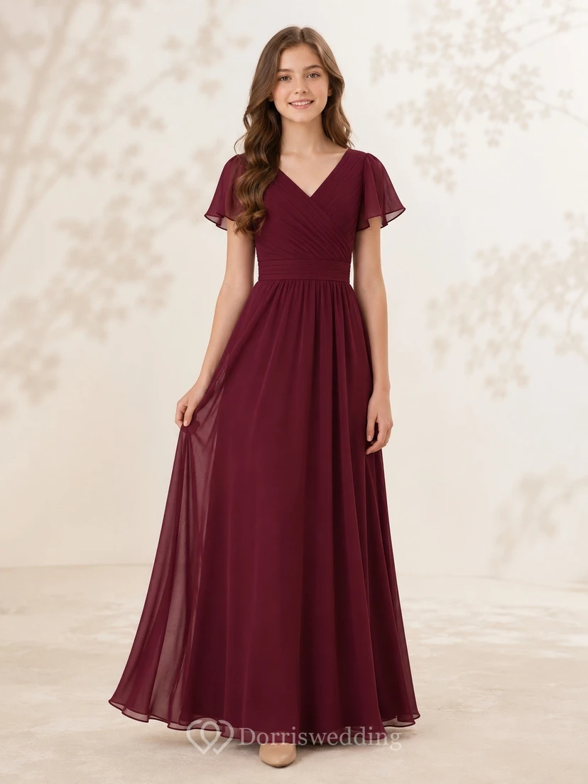 Mulberry Junior Bridesmaid Dress A-Line V-neck Short Sleeve Ruched Romantic