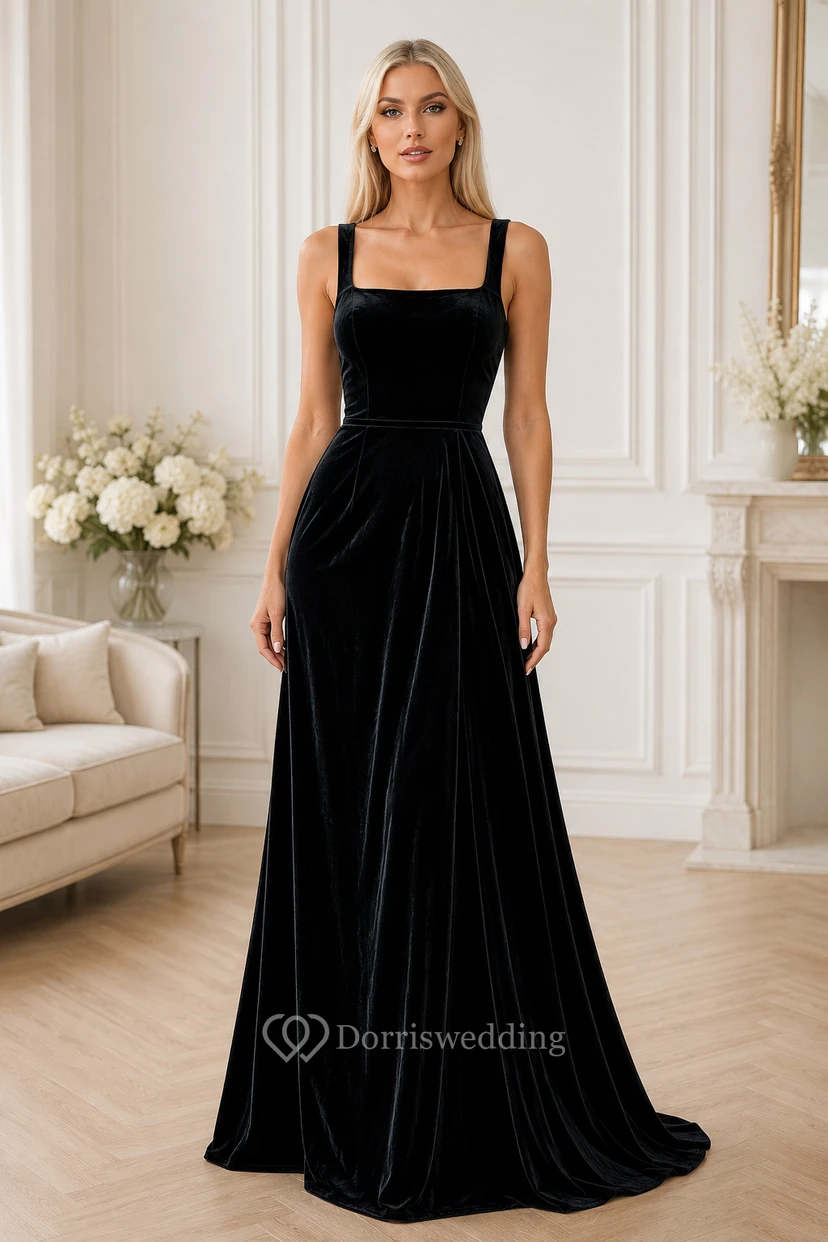 Plus Size Black Velvet Square Neck A-Line Formal Dress with Straps