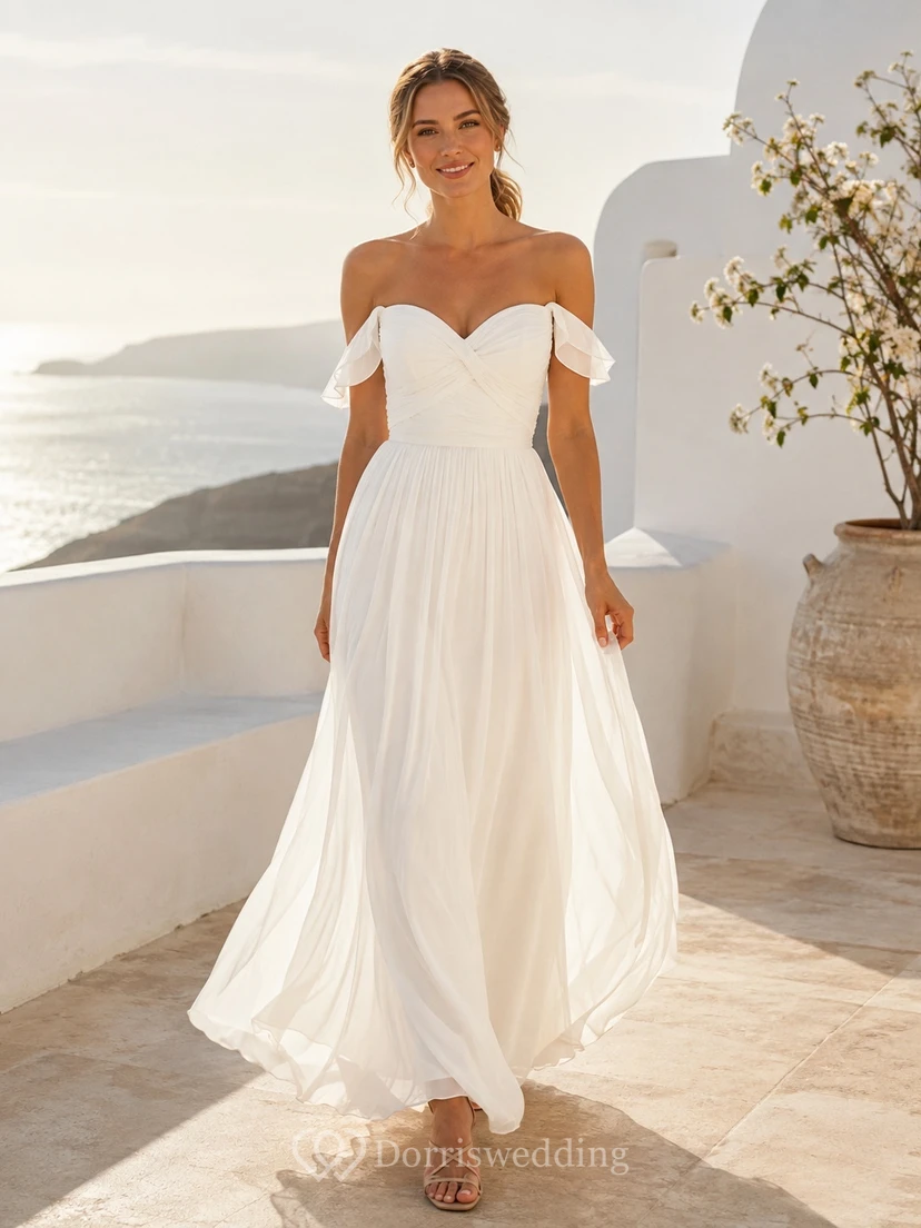 Beach Off-Shoulder Sweetheart Chiffon A-Line Floor-Length Simple Destination Wedding Dress